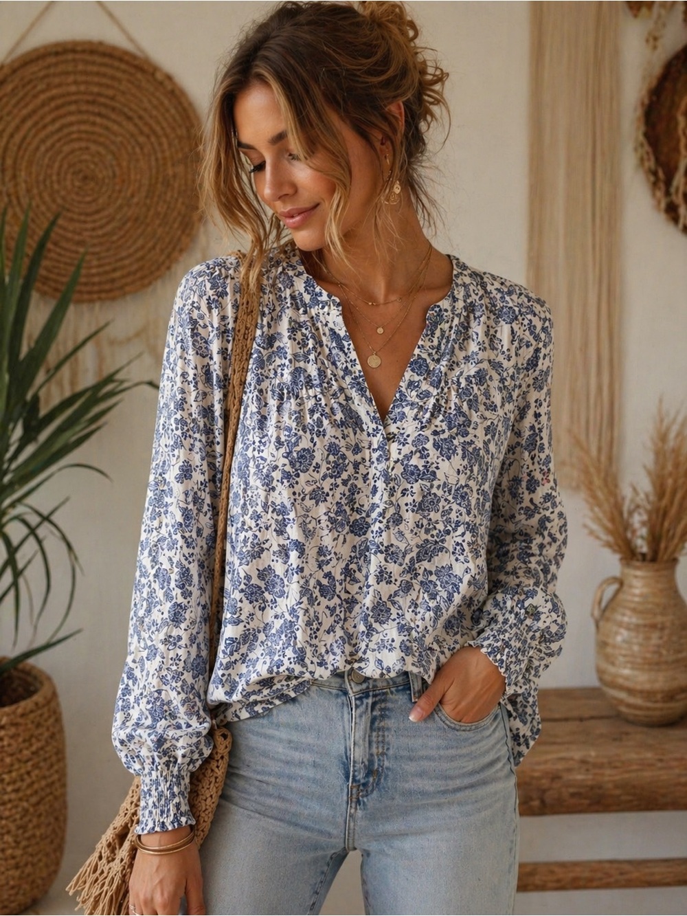 Tamara H Boho Chic Blue Floral Peasant Blouse